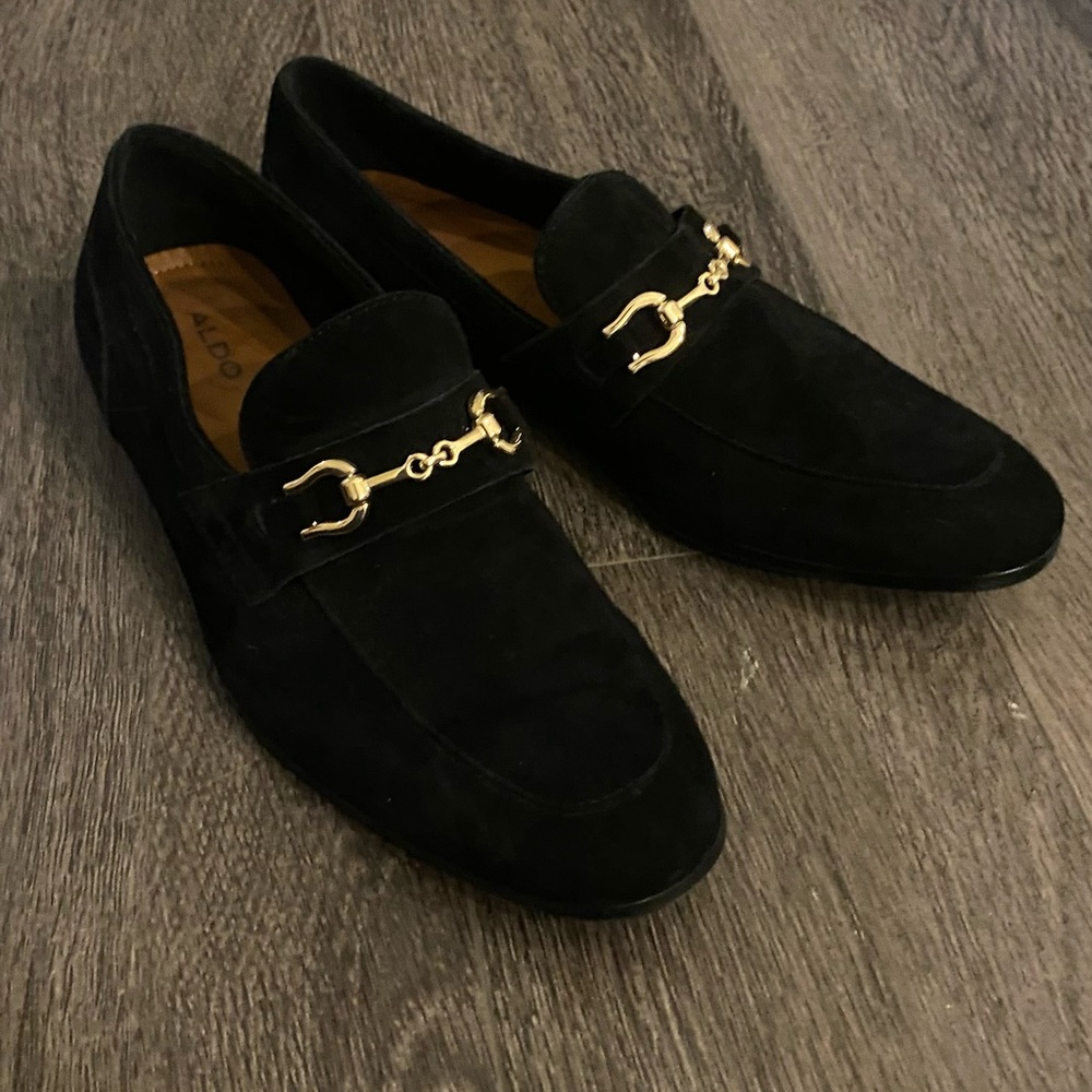 Aldo Marinho Black Suede Loafers with Gold Accent - Size 8 - Picture 2 of 2